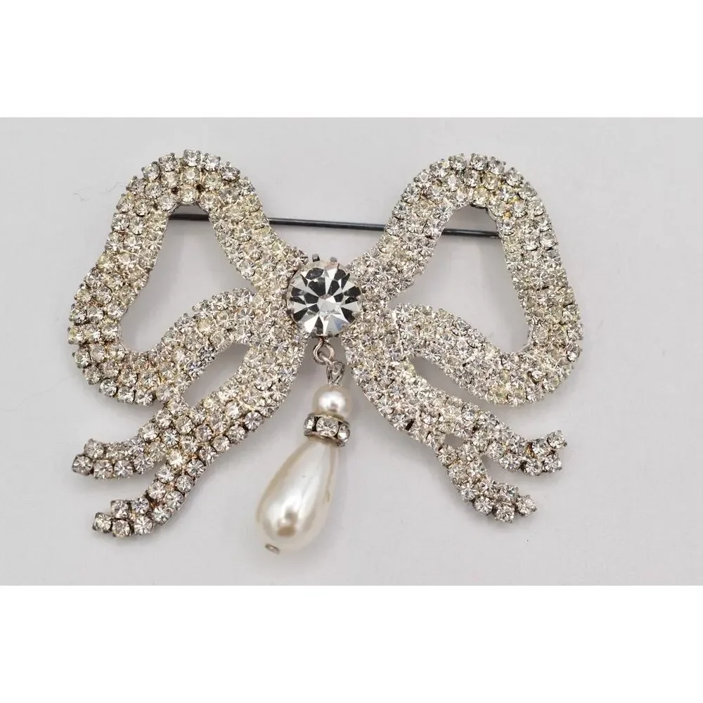 Vintage Crystal Bow Pin Brooch Pearl Dangle Prong Rhinestone Silver 1960s BinBI